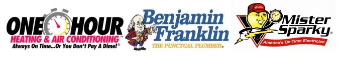 logo for benjamin franklin plumbing, one hour heating and air conditioning, and mister sparky