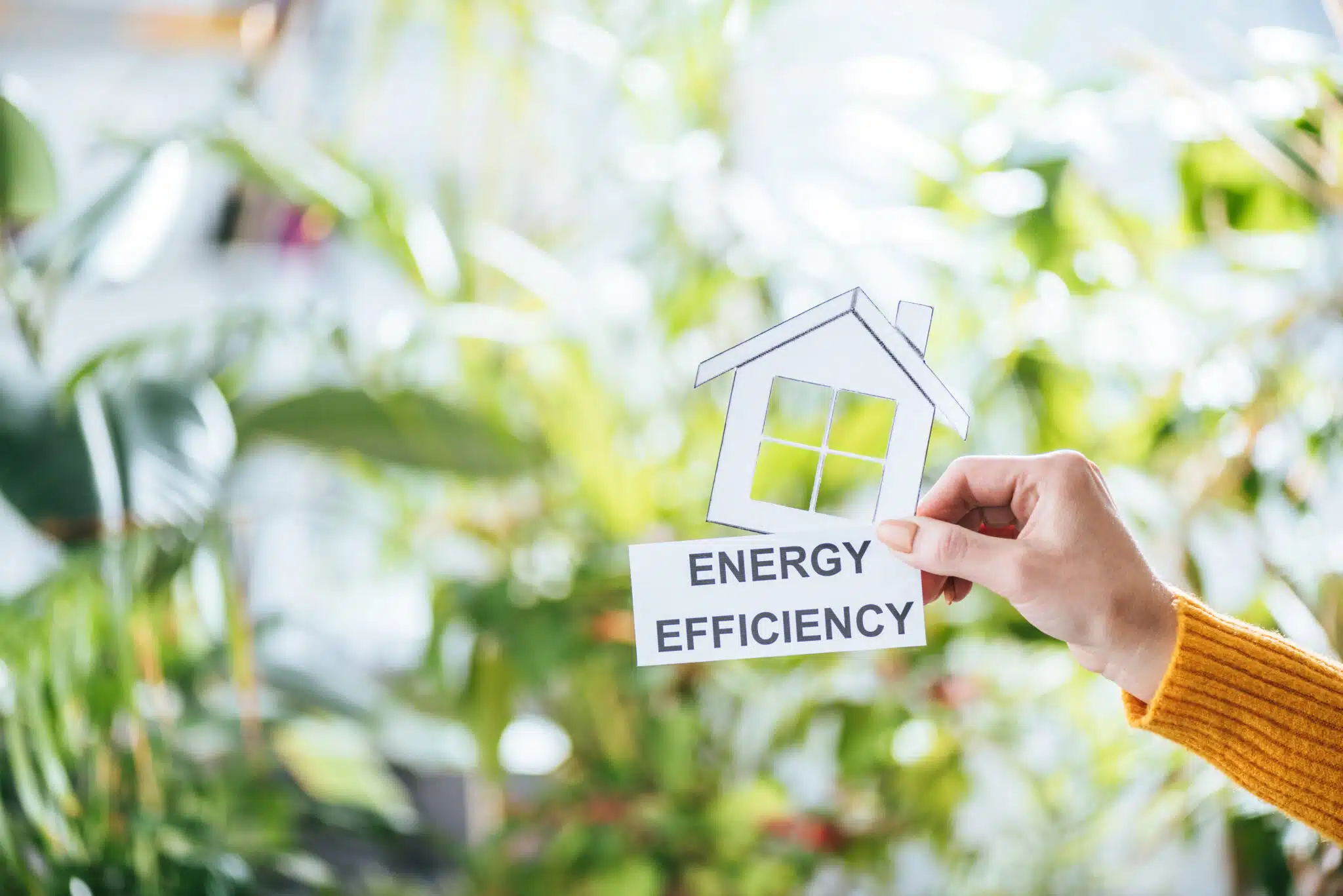 selective focus of woman holding paper house and card with lettering, energy efficiency at home concept, Indoor Humidity Levels.