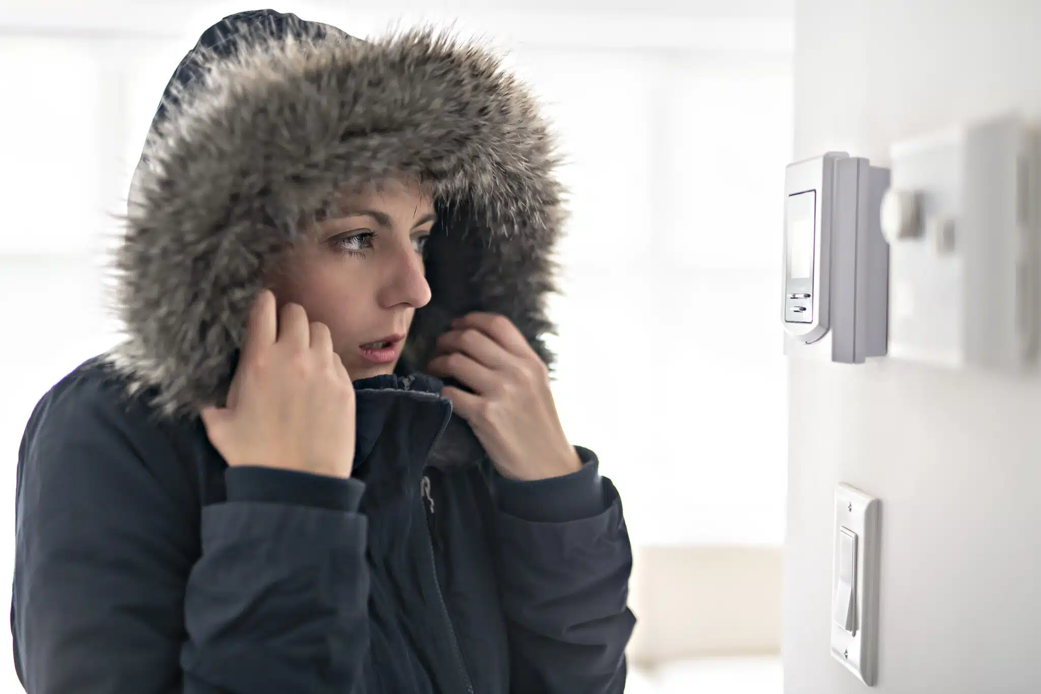 Woman with warm clothing feeling the cold inside house, Thermostat Settings.