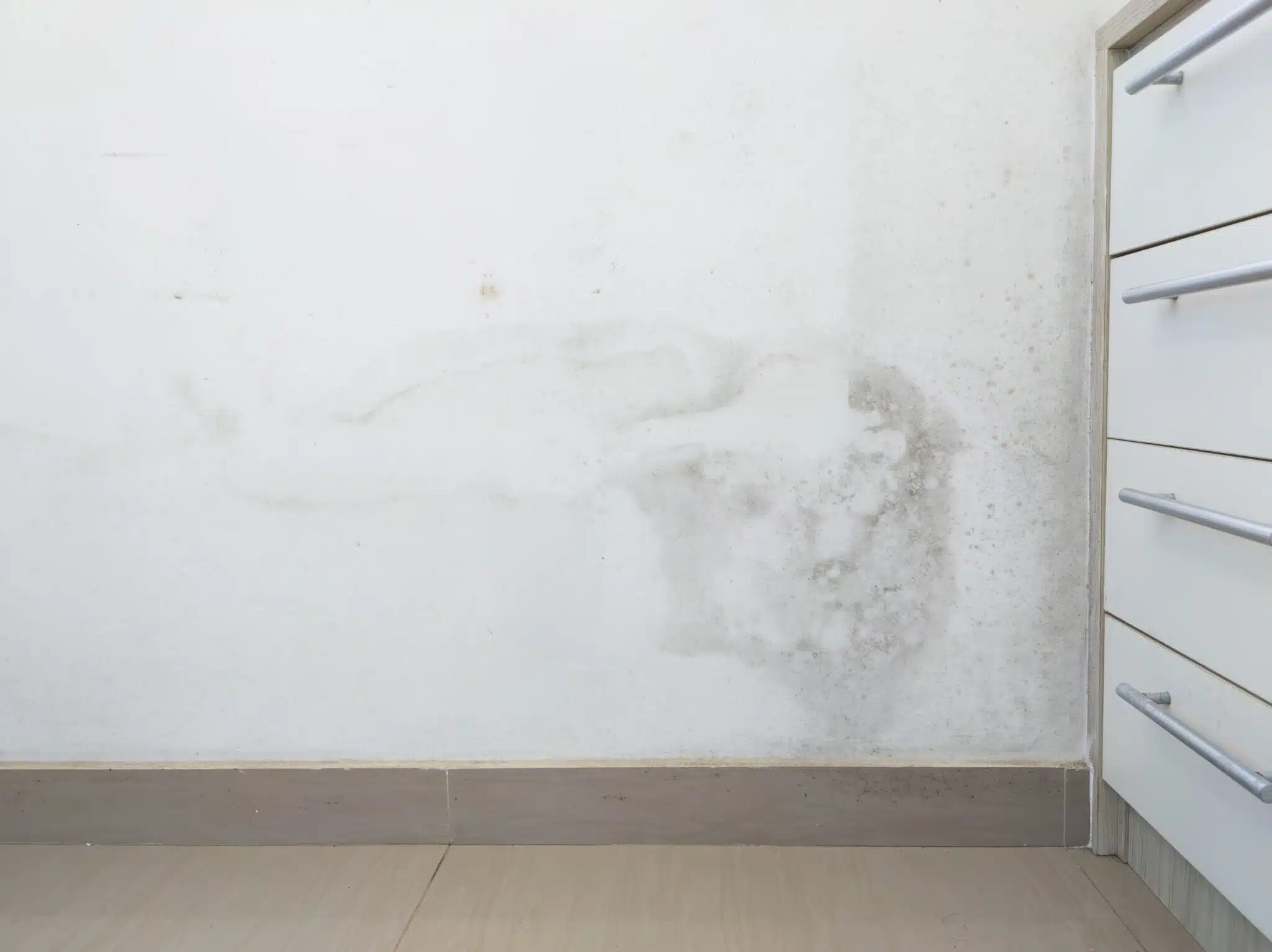 White bedroom wall with mold problem, Dehumidifiers.