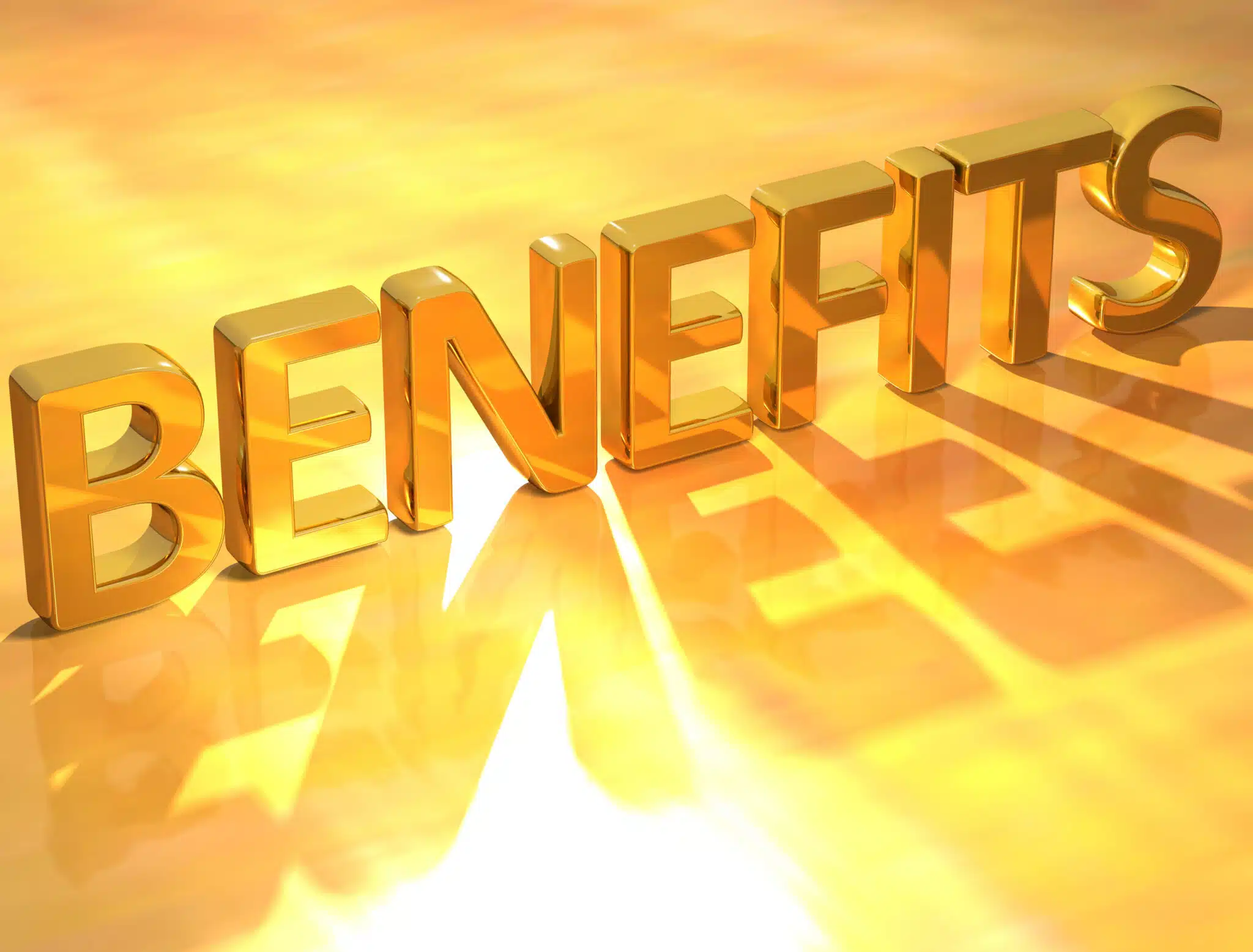 3D Gold Benefits text on yellow background, Whole Home Humidifiers.